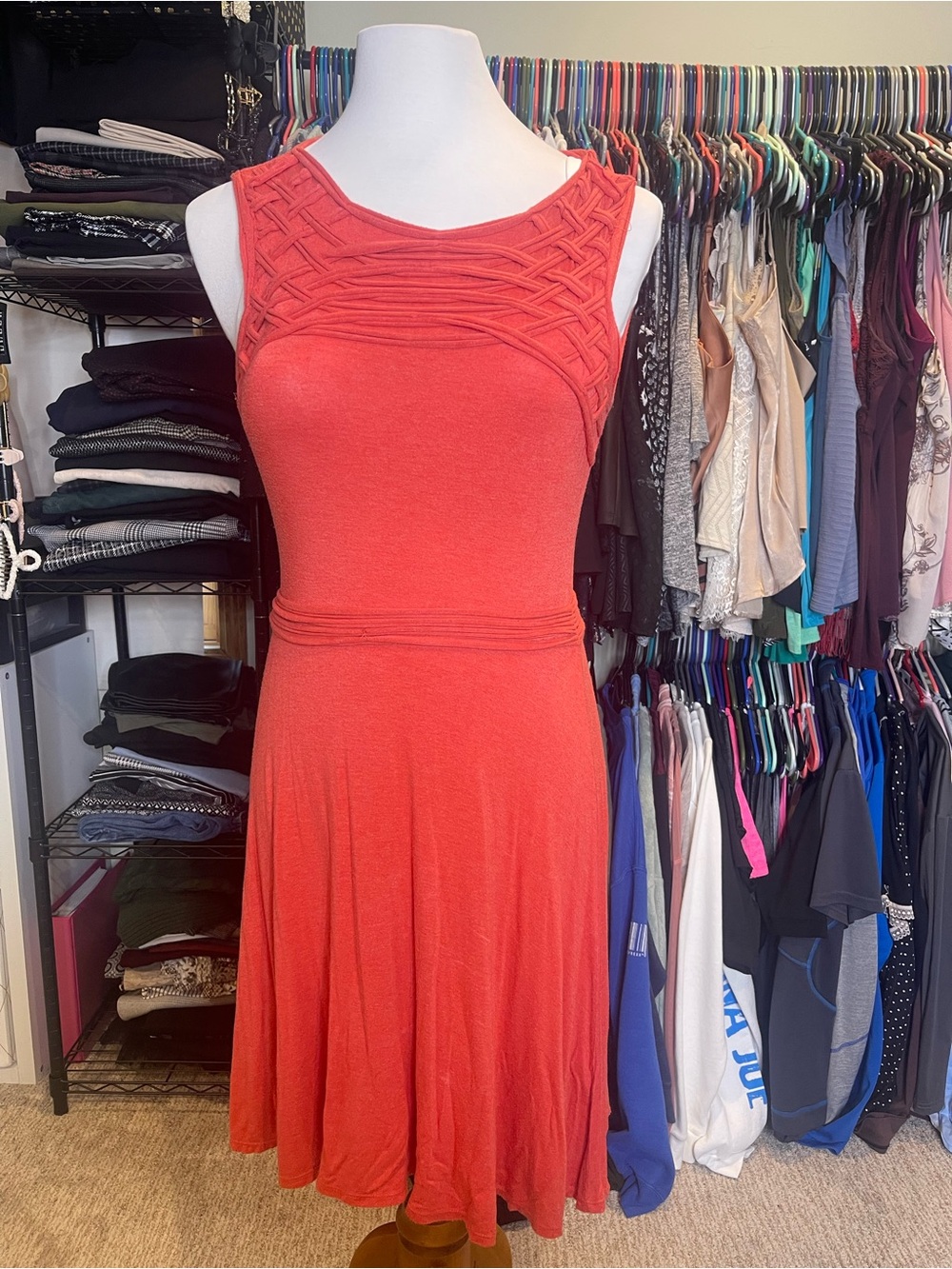 Max Studio Coral Red Sleeveless Knit Midi Dress with Braided Yoke